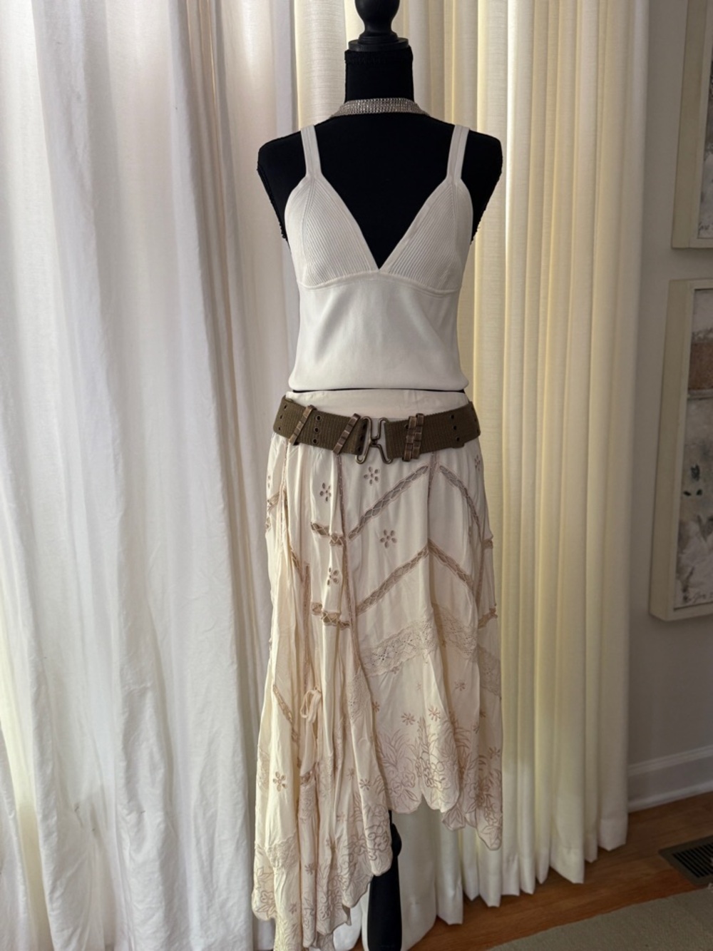 Free People Bali Atlas Cream Embroidered Asymmetrical Lace Skirt. Price is FIRM